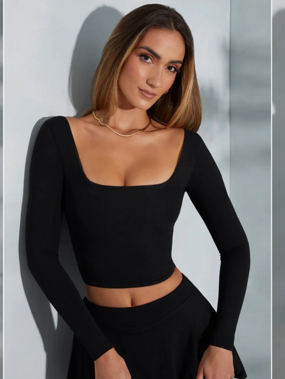 Oh Polly Black Long-Sleeve Square Neck Crop Top - Women